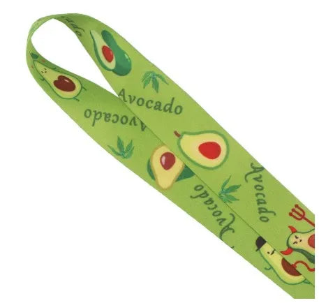 Avocado cartoon design on a green and black double-sided polyester phone lanyard with a silver adjustable buckle.