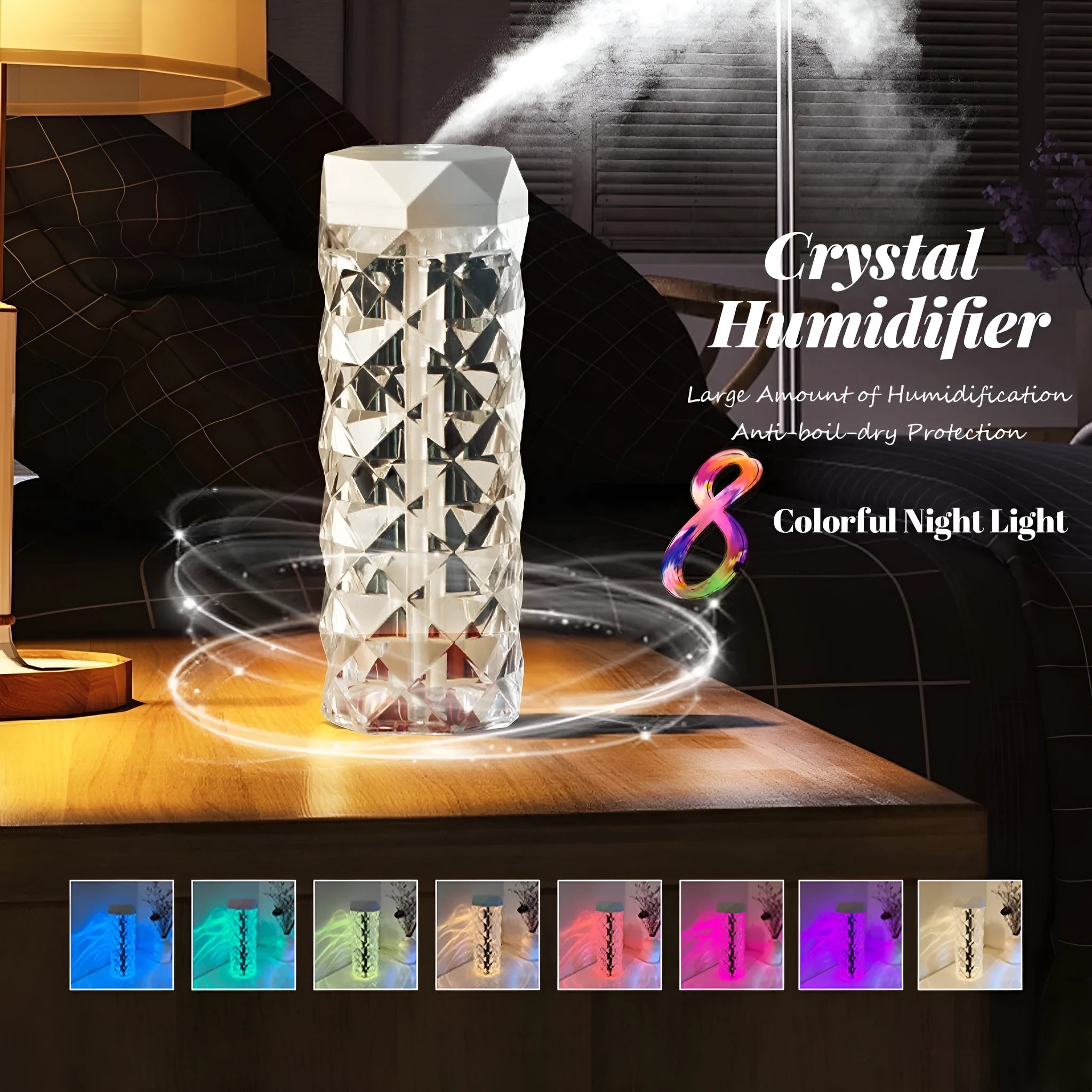 Crystal lamp humidifier with 1000ml tank showing cool mist and RGB night light on desktop