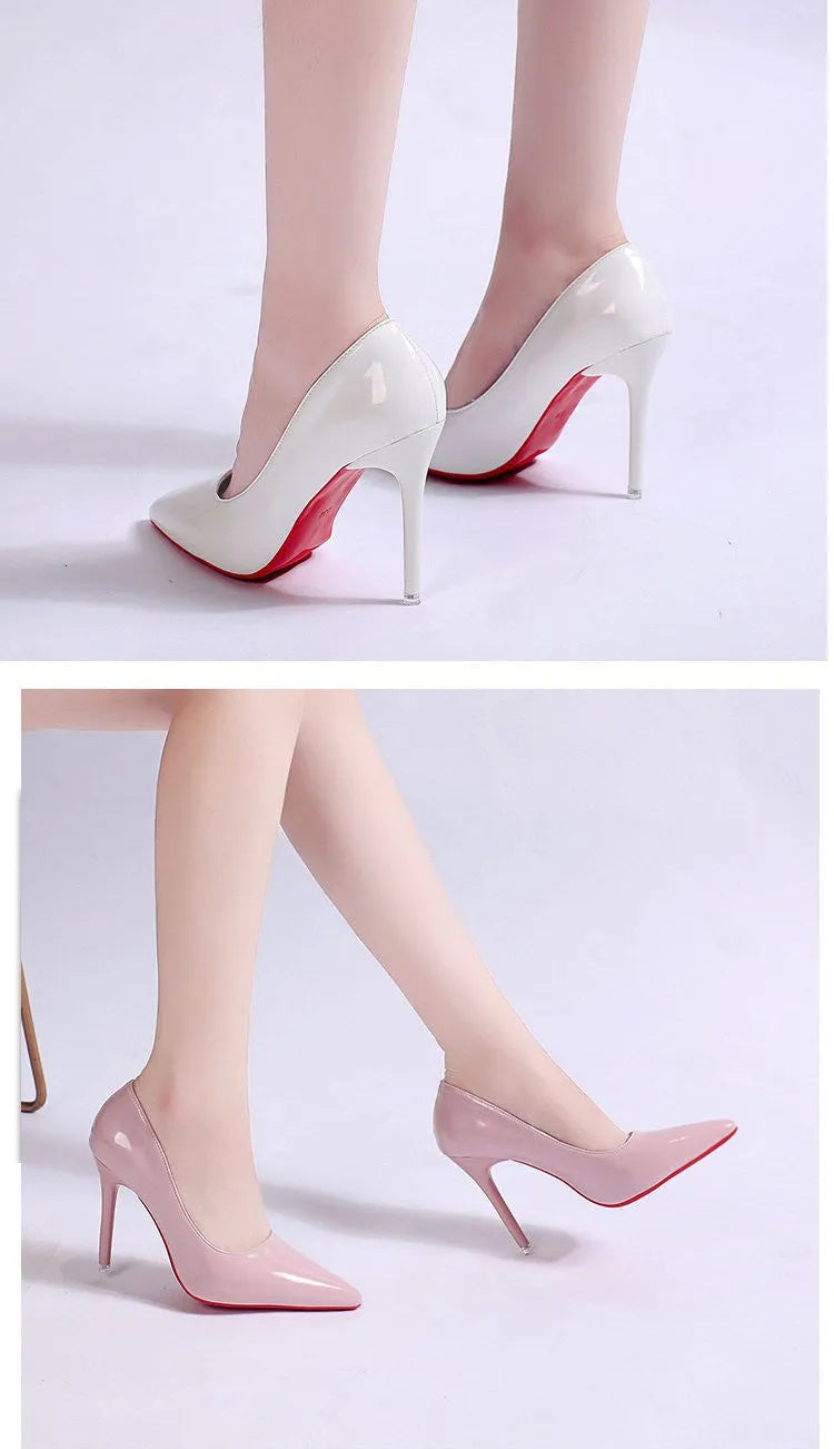Women's black stiletto heel pump with pointed toe and shallow mouth on a rubber sole.