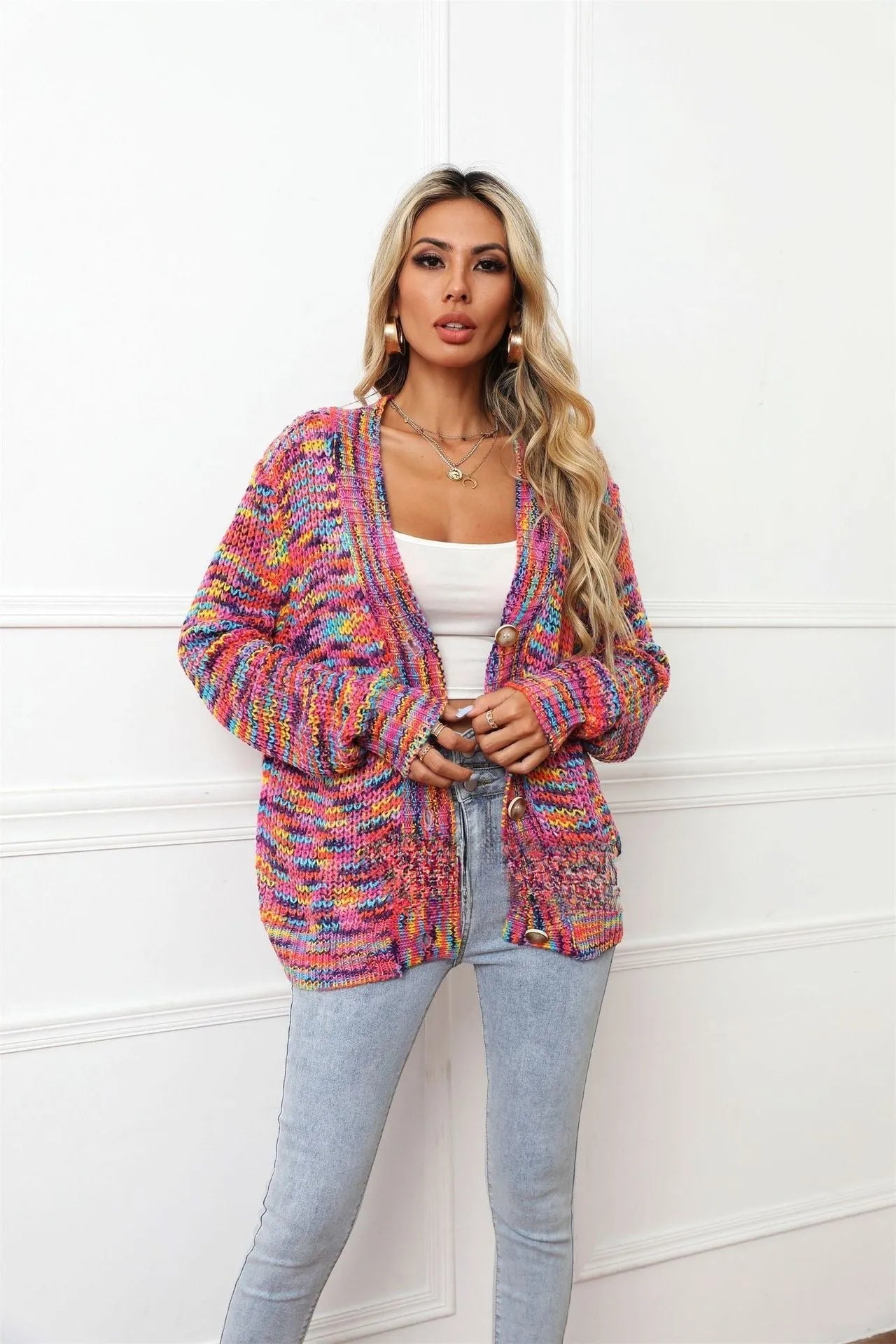Rose red rainbow striped women's cardigan coat with loose fit and regular sleeves