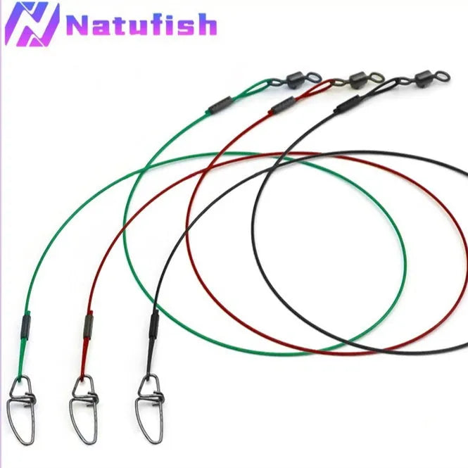 Set of green, black, and red steel wire fishing pins with double buckle ends, each 54cm long.