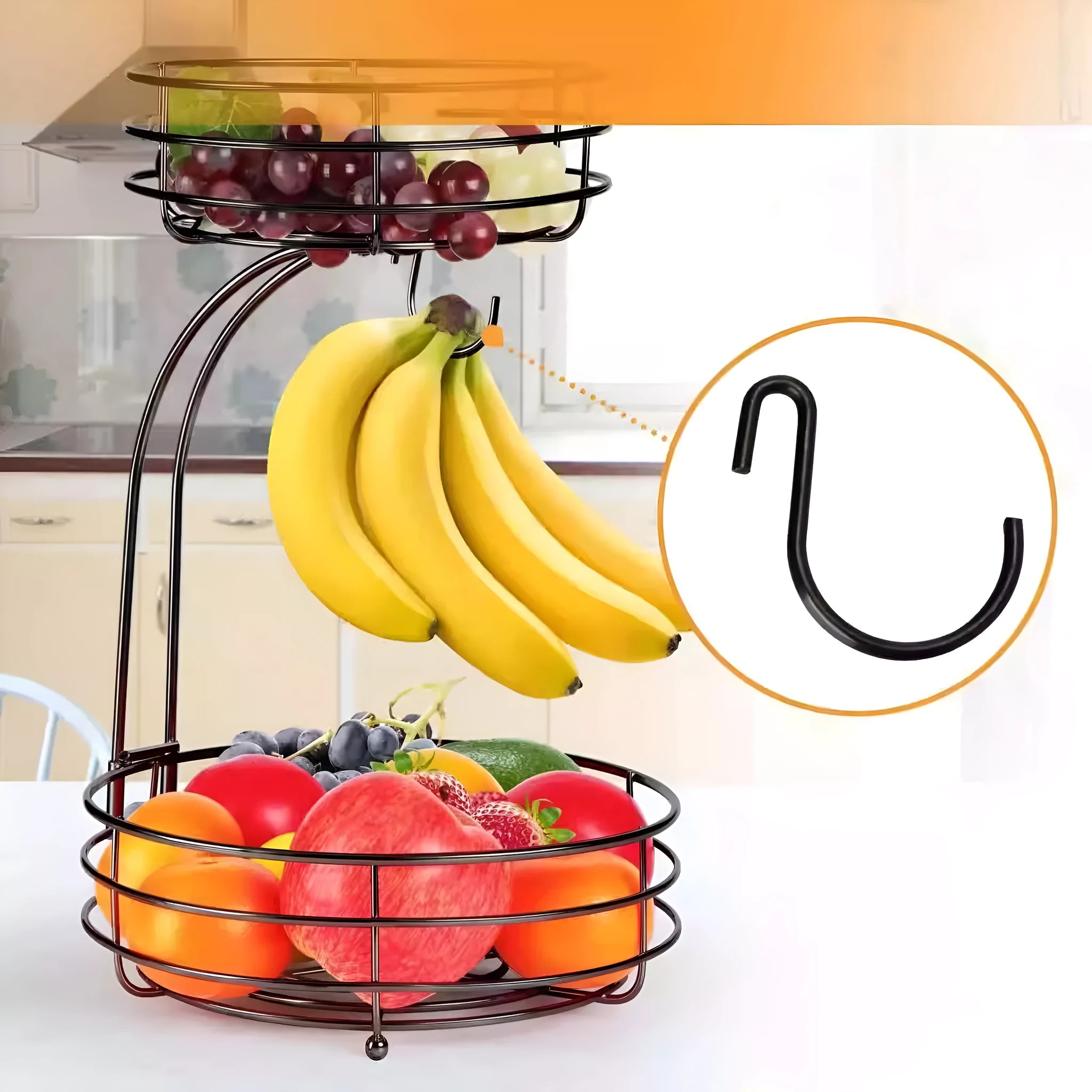 Black and gold double-layer wrought iron fruit storage basket with two tiers.