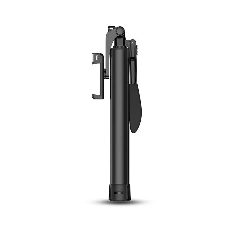 Black aluminium Bluetooth selfie stick with extended tripod legs and remote control for mobile phones
