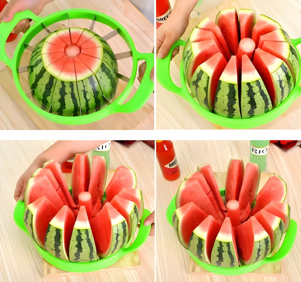 Green watermelon slicer with 410 stainless steel blade and non-slip plastic handle.