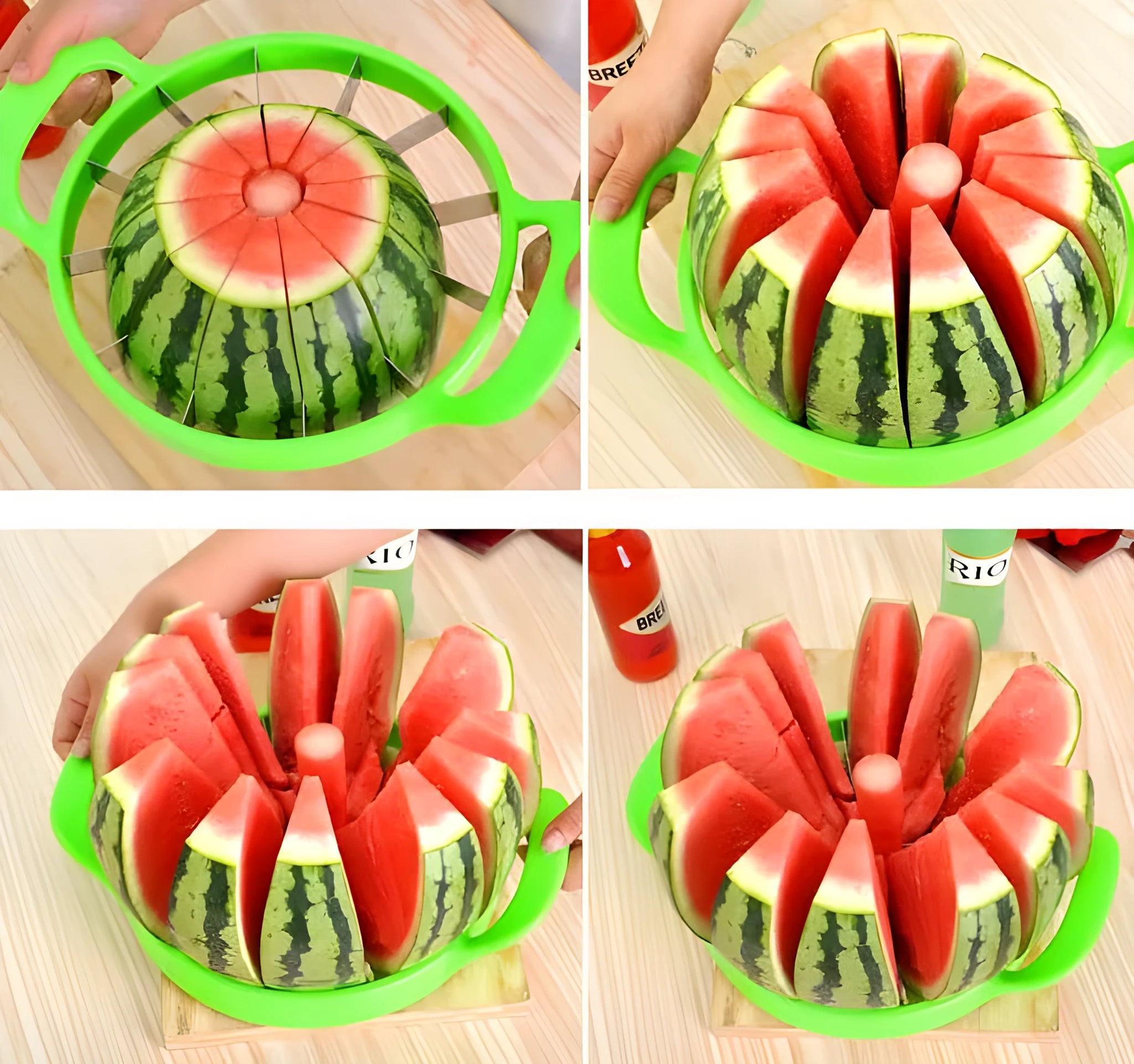 Green watermelon slicer with 410 stainless steel blade and non-slip plastic handle.