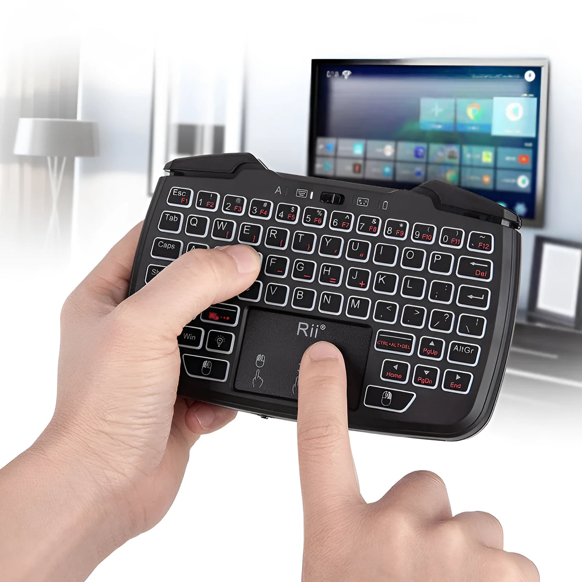 Black wireless mini keyboard with USB interface and ergonomic support