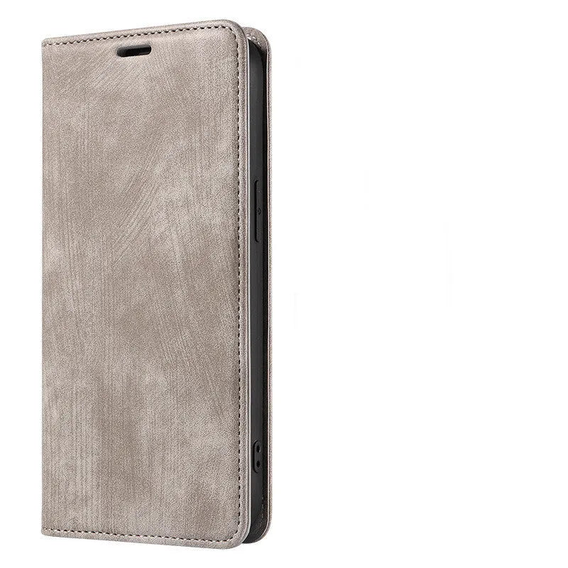 Magnetic flip phone case for iPhone shown closed, displaying the leather front cover and magnetic closure in grey.