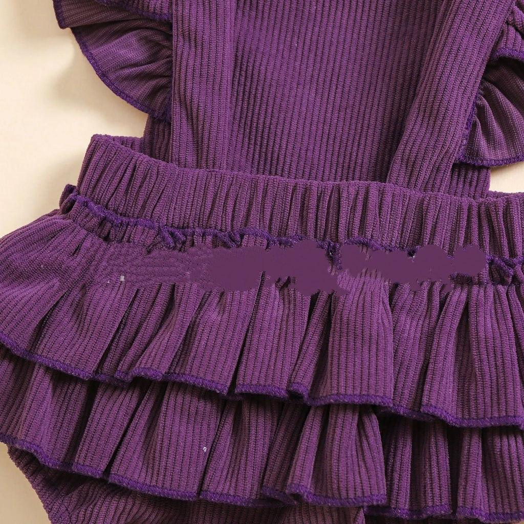 Purple Halloween toddler triangle jumpsuit with embroidered towel detail and hidden hook closure, sizes 70cm to 100cm.