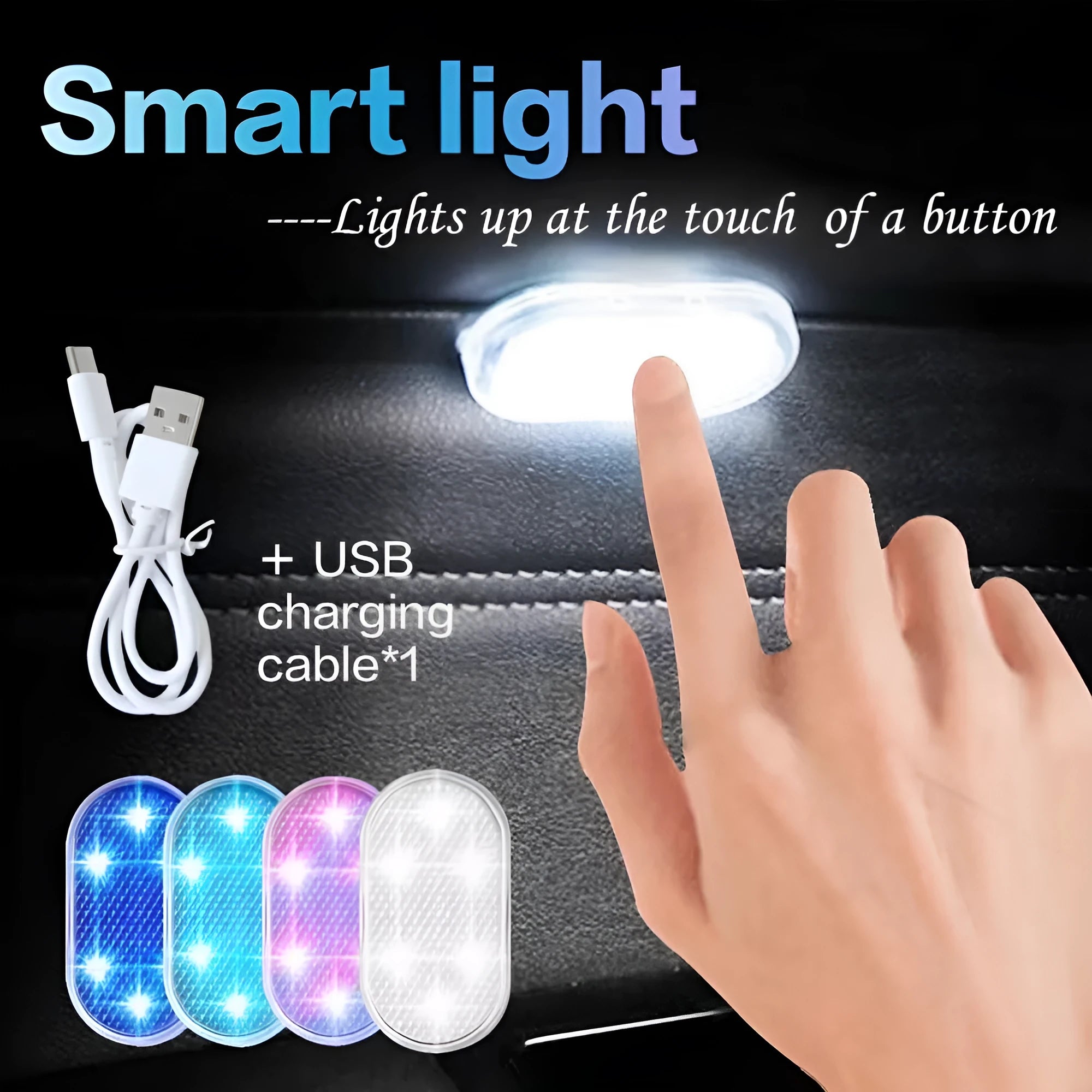 Touch control LED car interior night lamp with four colour options on ABS aluminium base plate