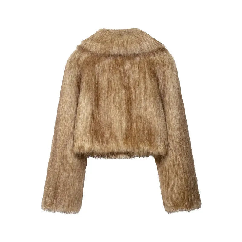 Women's brown artificial fur effect short coat with long sleeves, casual style, sizes XS to L