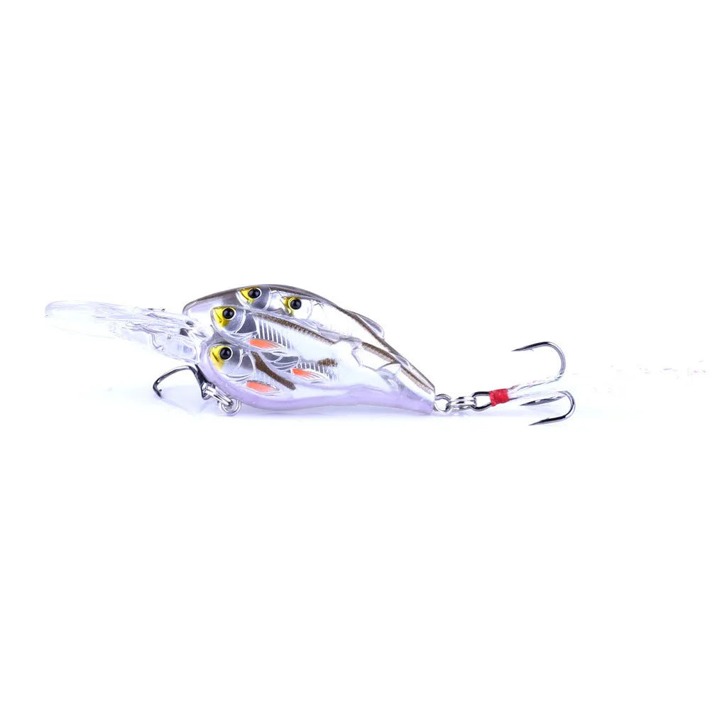 Set of nine multi-colour ABS plastic hard bait fishing lures with feather hooks.