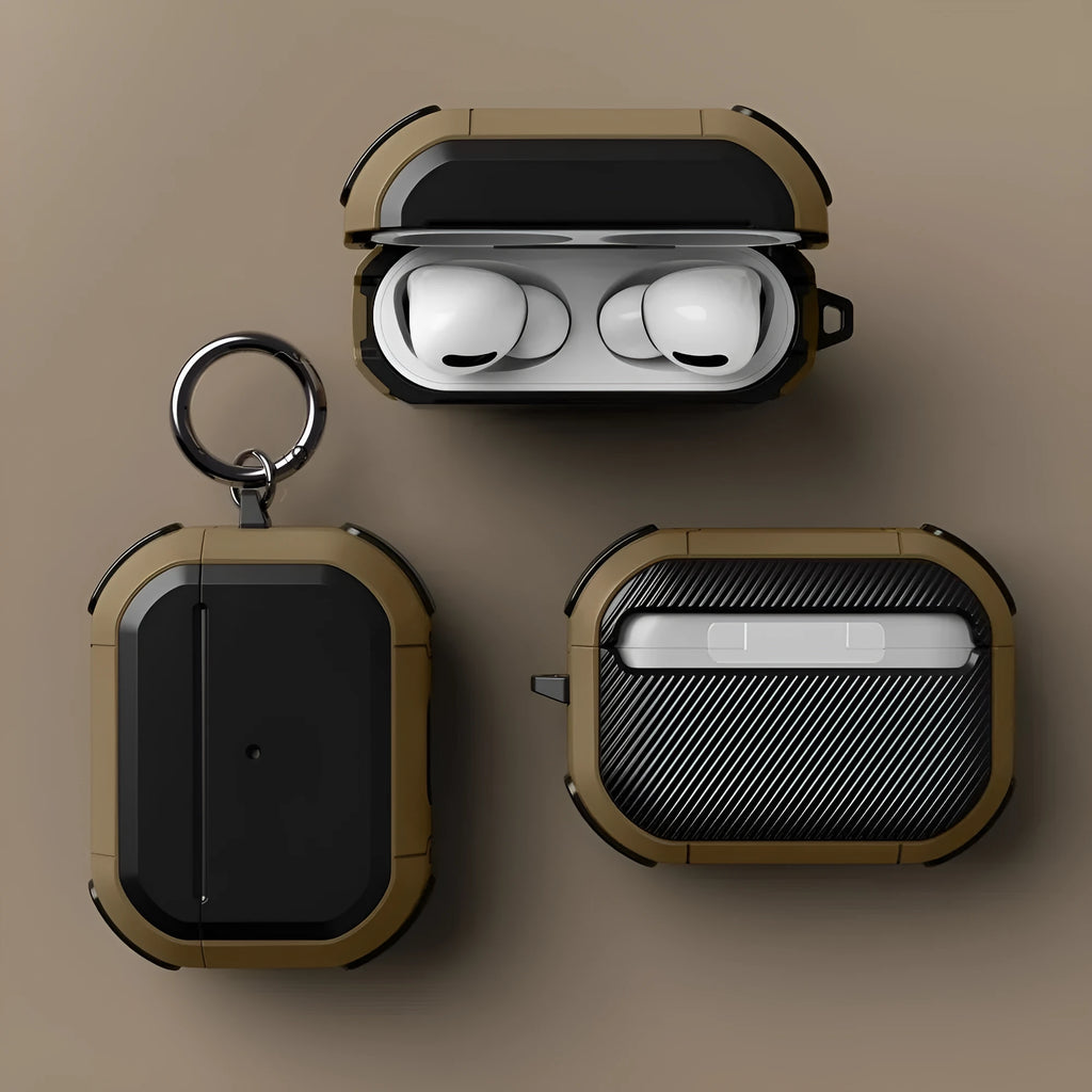 Black TPU and PC protective shell case for Apple AirPods Pro and AirPods 1/2 generation.
