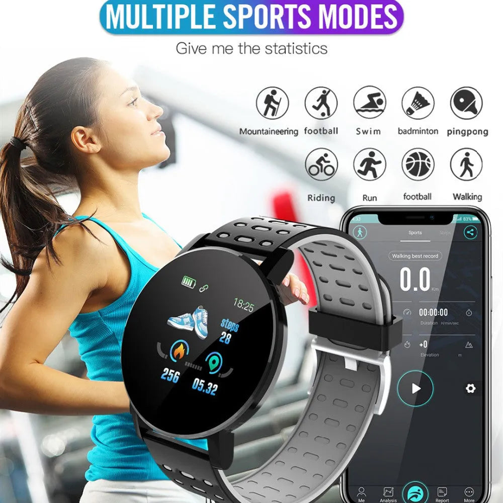 119 Plus Bluetooth smart watch with 1.3 inch LED display, TPU strap, heart rate monitor, Black Blue Green Red