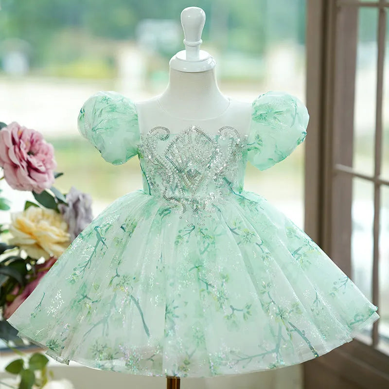 Mint green fluffy gauze princess dress with puff sleeves for girls, height range 80-160cm