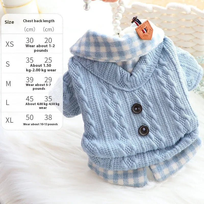Blue plaid fleece-lined dog sweater with fake two-piece design on small dog