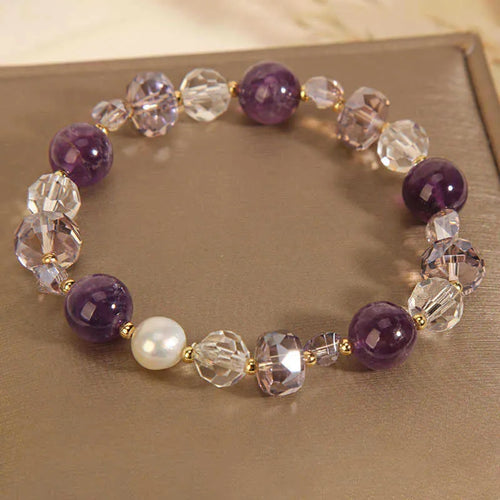 Purple artificial amethyst pearl bracelet with U-shaped design and electroplated metal elements