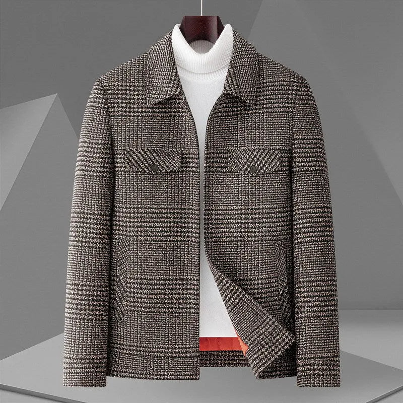 Autumn men's casual check lapel jacket in gray, loose fit with welt pocket, front view