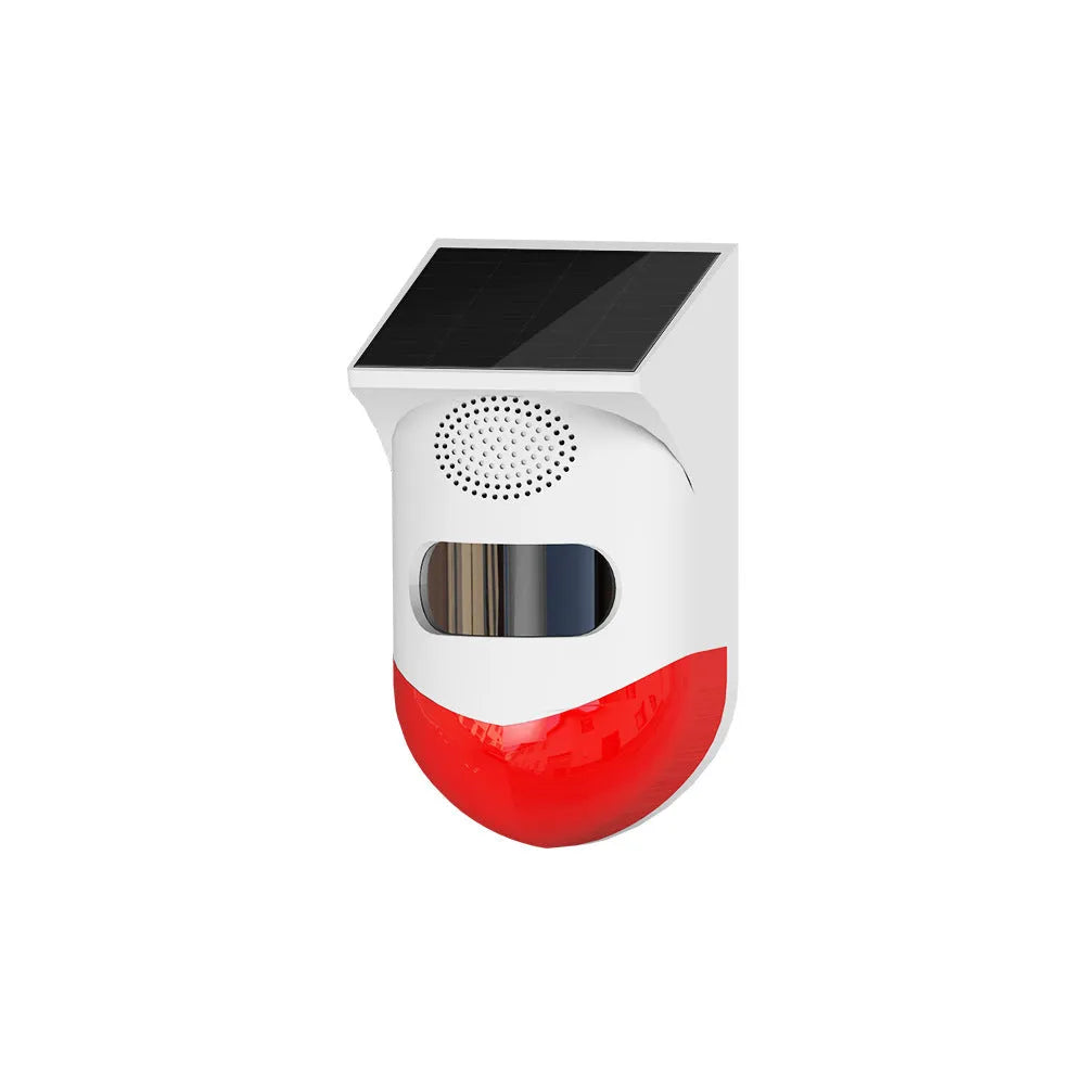Outdoor wall-mounted solar infrared security alarm with GSM notification for perimeter detection.