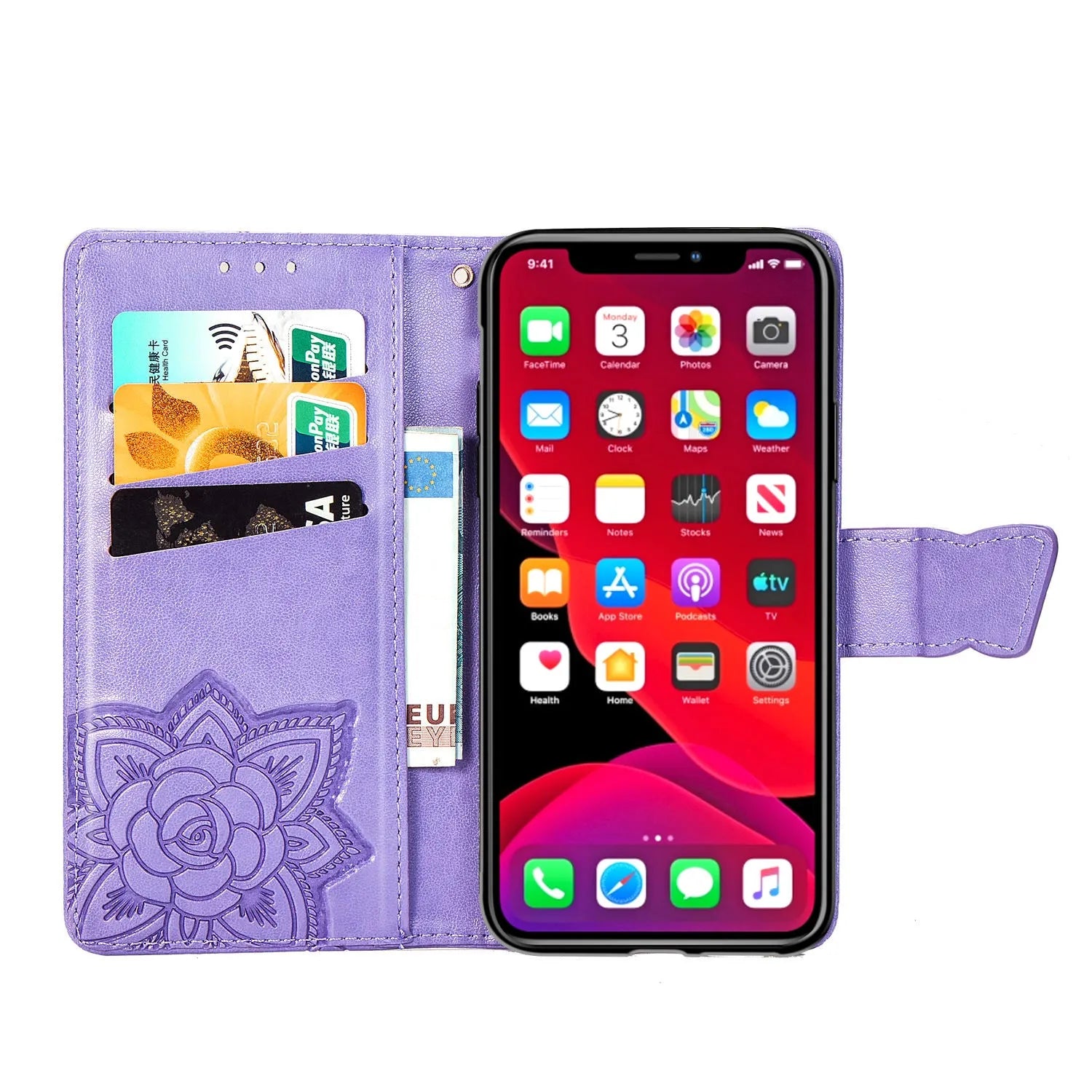 Flower butterfly embossed TPU phone case for Samsung, black colour, clamshell style