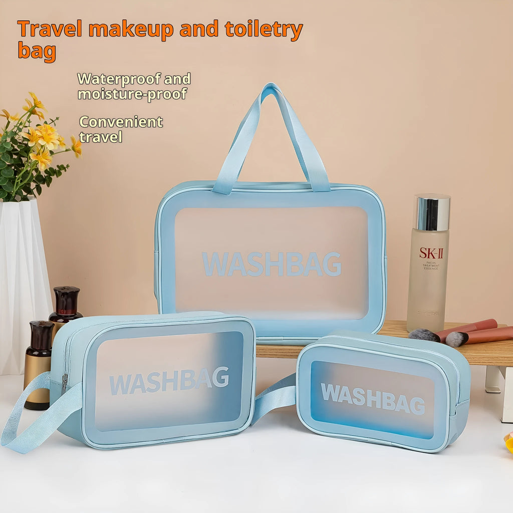 Set of three transparent PVC wash bags in large, medium and small sizes for cosmetics and hygiene storage