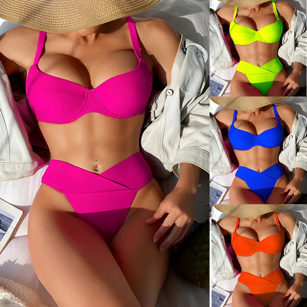 Solid colour bikini swimsuit in nylon fabric shown in fluorescent pink, green, blue, orange, and black colour options.