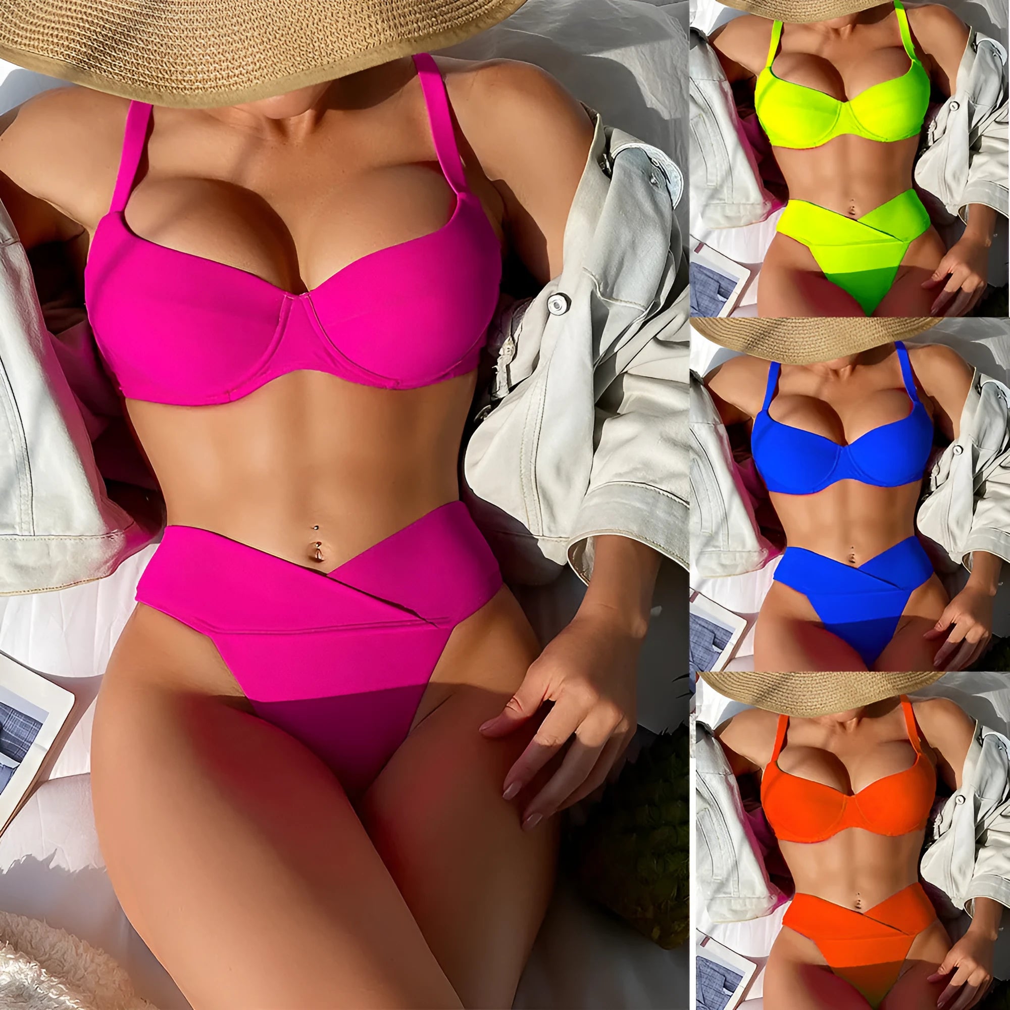 Solid colour bikini swimsuit in nylon fabric shown in fluorescent pink, green, blue, orange, and black colour options.