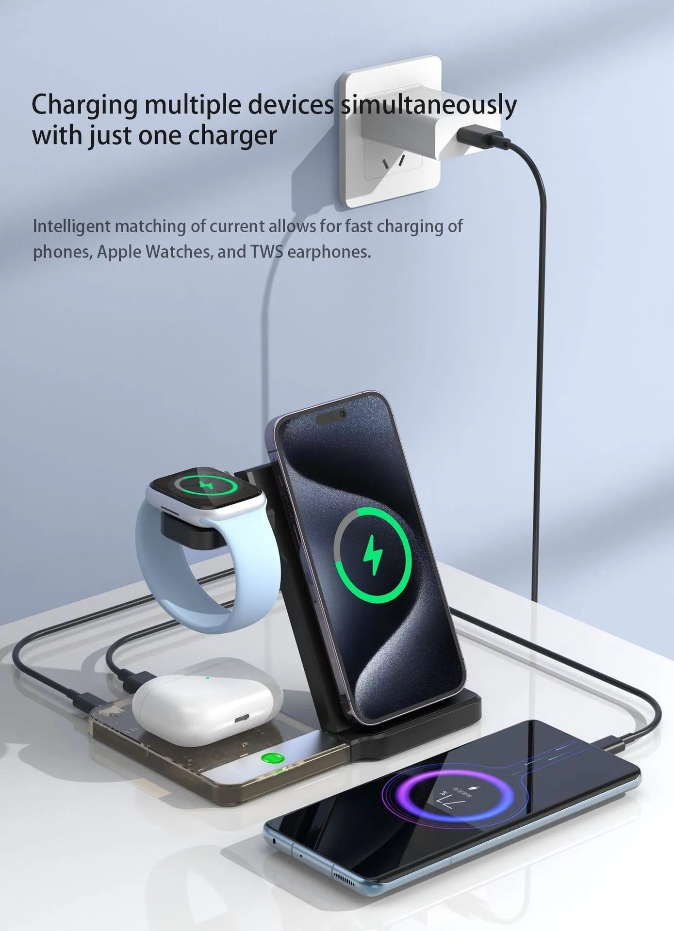 Black and white foldable three-in-one wireless charging stand for phone, watch, and earbuds on a desktop