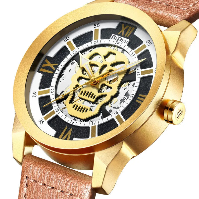 Biden men's hollow quartz watch with leather strap and calendar display