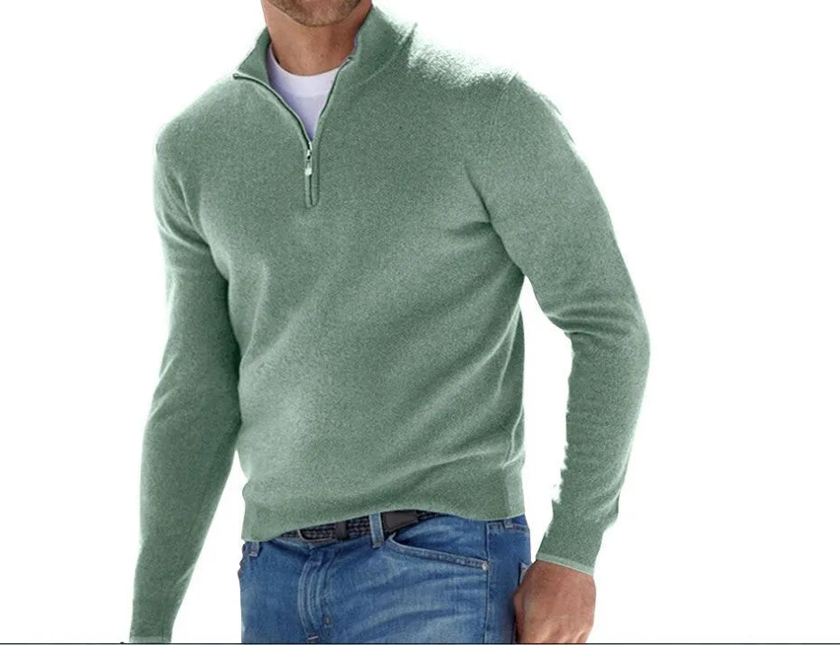 Men's fashion casual long sleeve V-neck cashmere zipper top in apricot, autumn sports leisure style, front view