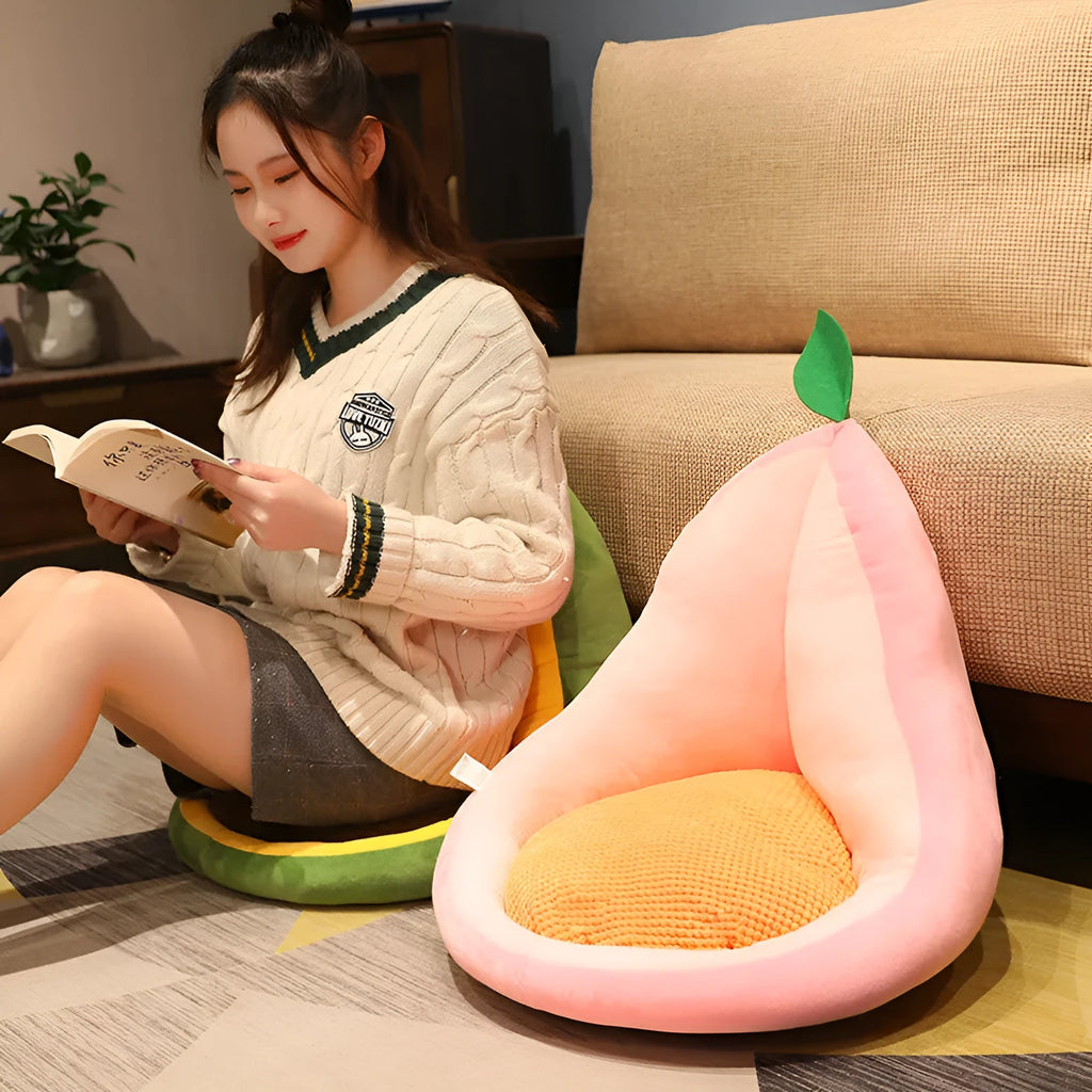 Plush fruit cushion in avocado, cactus, carrot, or peach design, 50 x 48 x 45 cm, for chair or floor