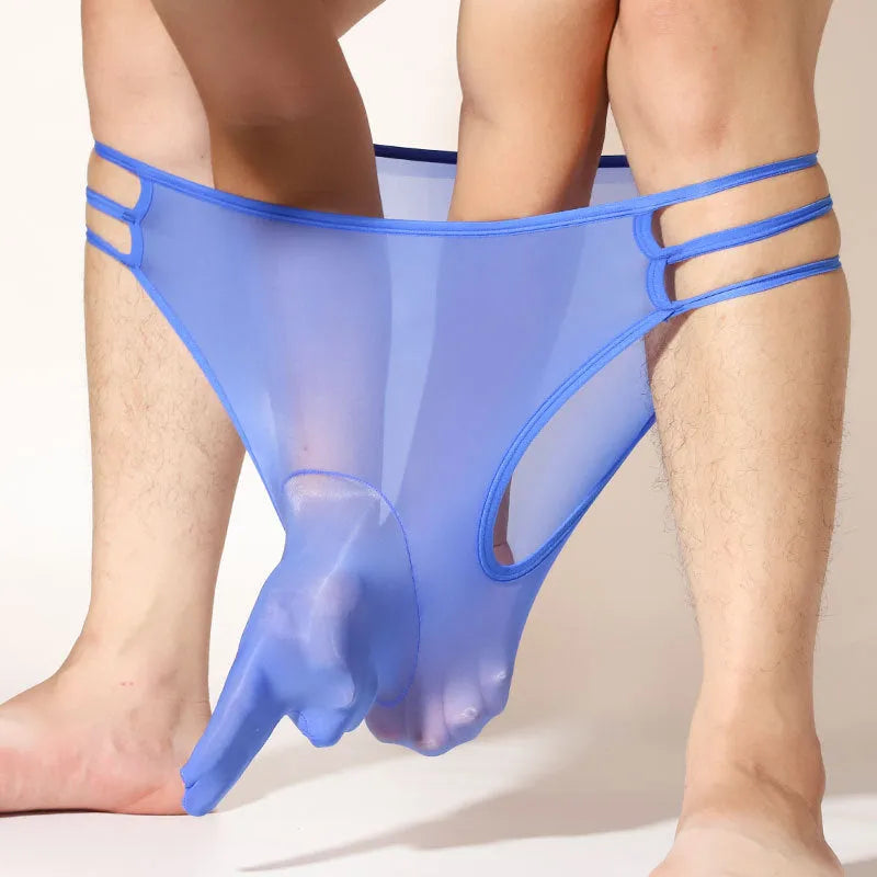 Men's fully transparent nylon elephant nose shorts in multiple colours on a neutral background.
