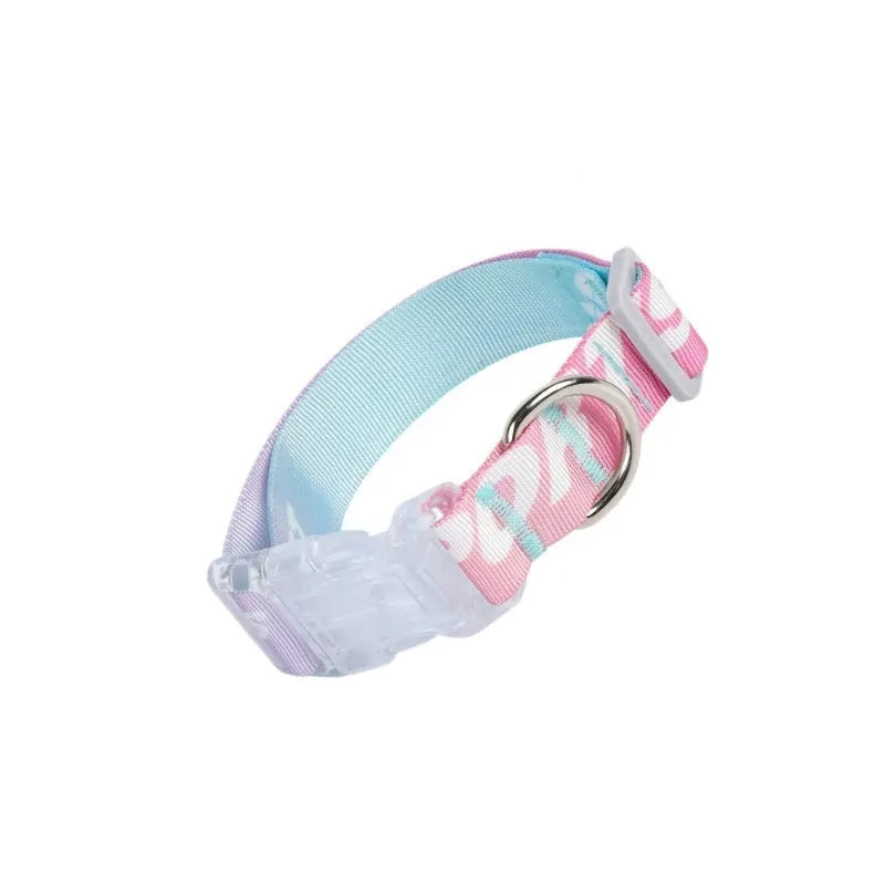Adjustable nylon dog collar with cartoon gradient print and metal D-ring on a green background.