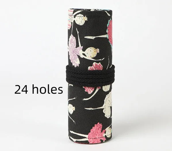 Canvas square rolling pencil case with ballet girl printing showing multiple colour pencils organised in slots