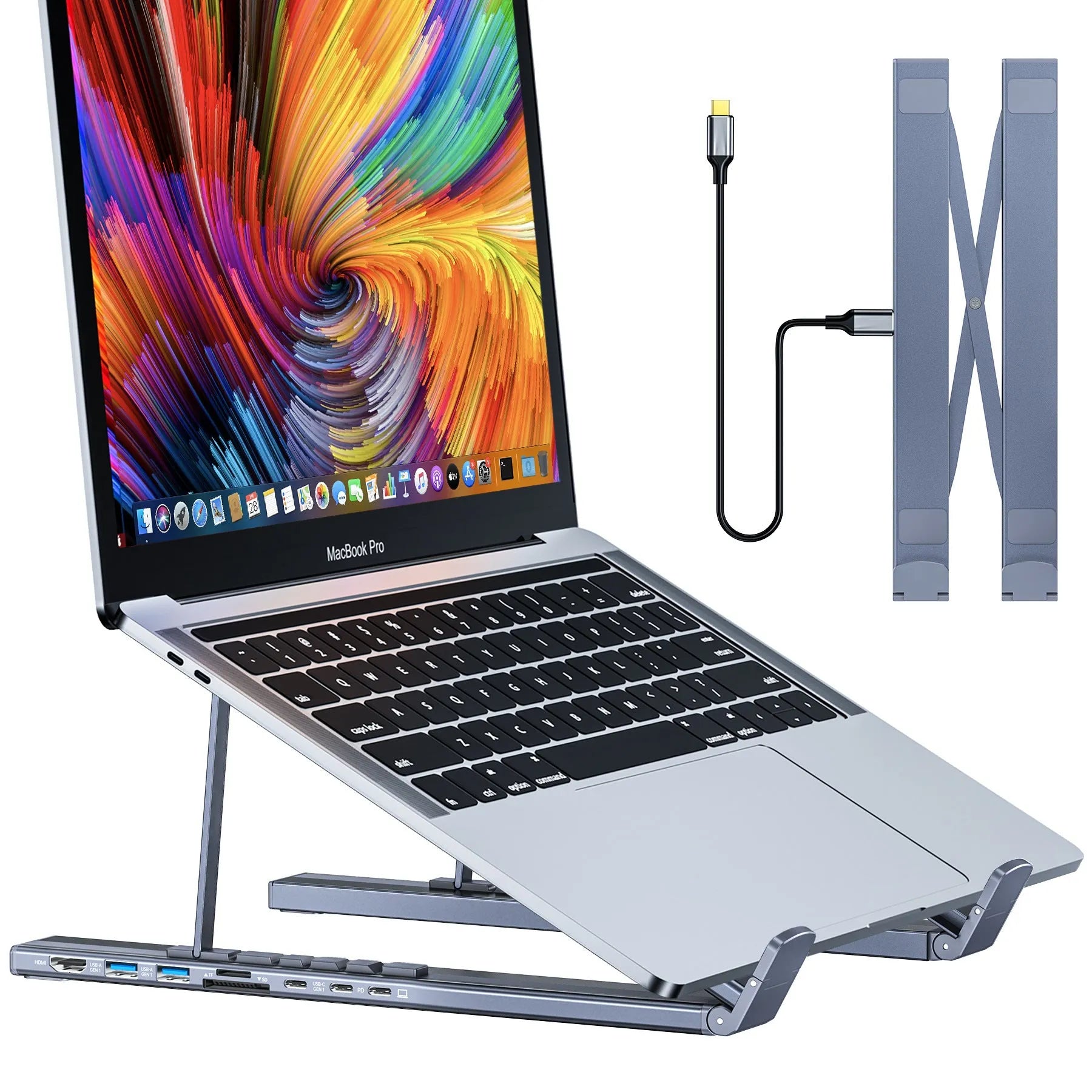 Aluminium folding laptop docking station stand with multi-port hub and HDMI output on a desk