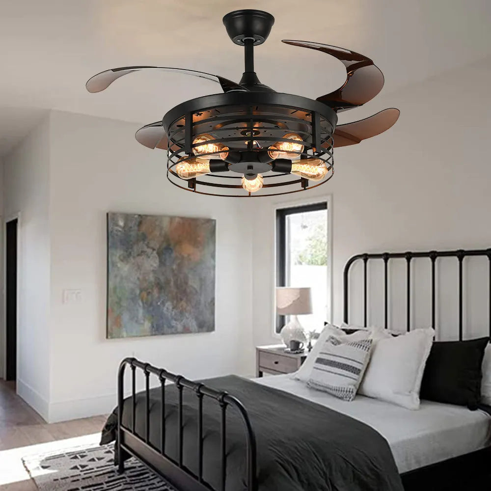 Industrial-style ceiling fan light with acrylic blades and shade, mounted flush to a white ceiling, with a remote control.