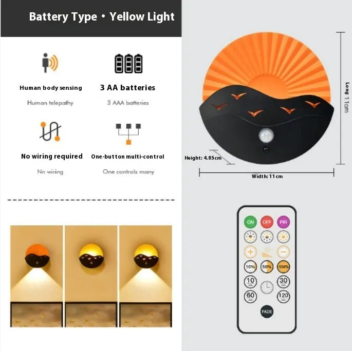 Remote control small night lamp with sunrise sea scene, rechargeable battery, 110x48.5mm, on a bedside table