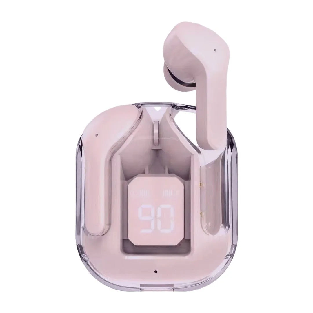 Transparent space capsule case containing true wireless Bluetooth earphones in various colours.
