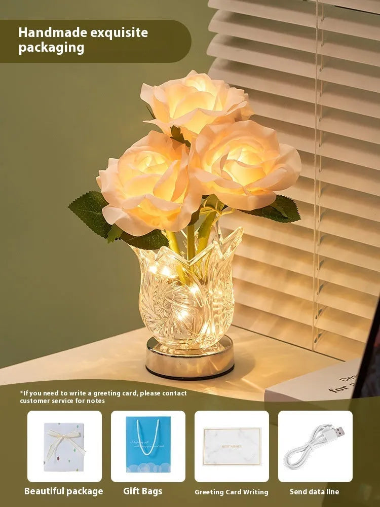 Crystal flowers decorative table lamp with touch controls and rechargeable battery for cordless placement