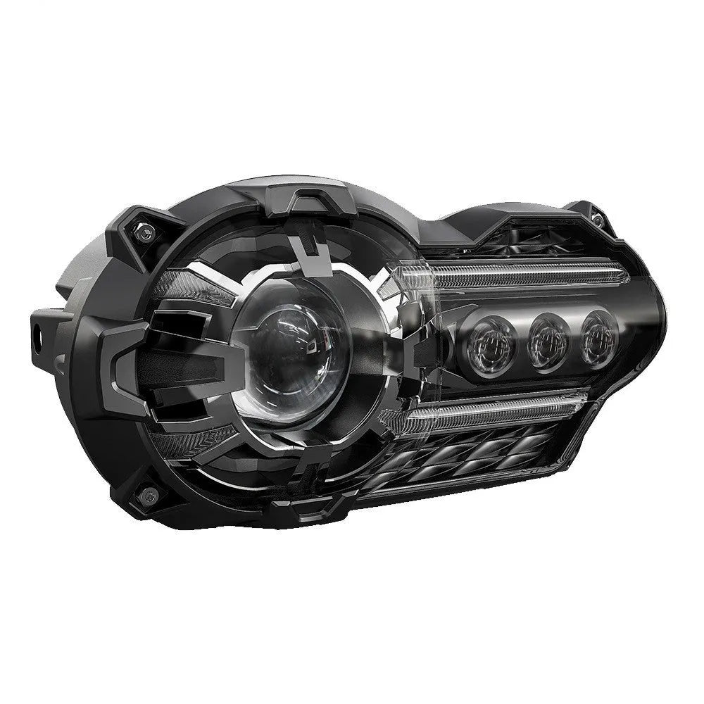 Black 7-inch round LED motorcycle headlight with a polycarbonate lens shown from the front.