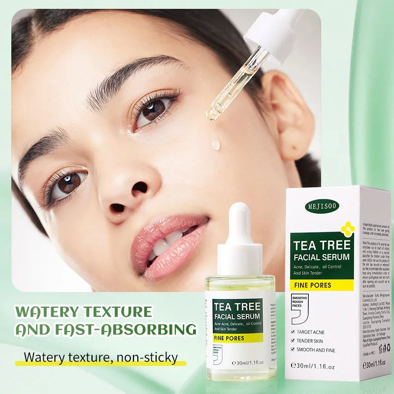 30ml tea tree facial serum in a bottle with a dropper, suitable for neutral oily dry mixed skin types