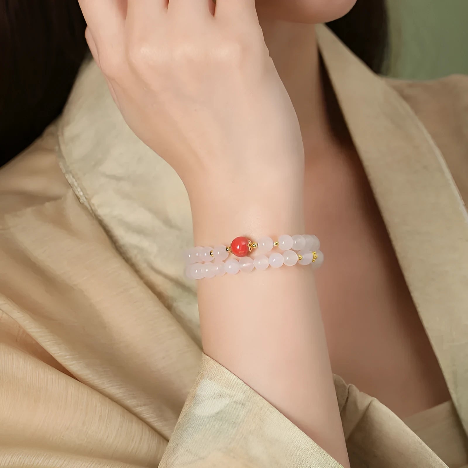 Women's white agate double layer bracelet with jequirity bean cinnabar detailing and geometric beads