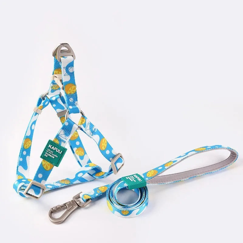 Dog harness and leash set in polyester fabric showing blue, pink and green colour options
