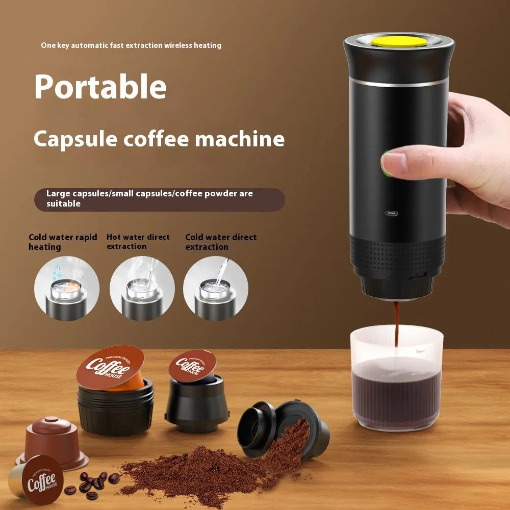 Portable Italian espresso machine in black, showing main unit, USB-C cable, and box