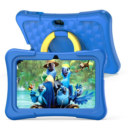 Blue and pink children's 7-inch education tablet with a rotating handle and silicone protective cover.
