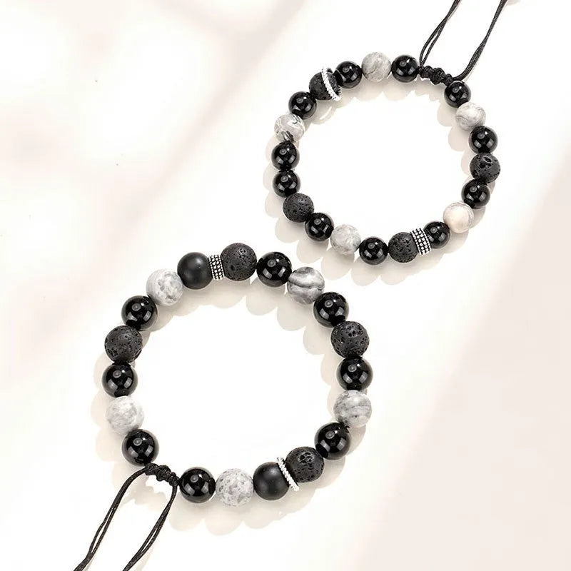 Black agate map stone volcanic bracelet diamond shape 10mm men 8mm women electroplated