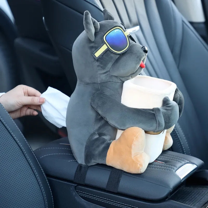 Plush car tissue box hanging from vehicle armrest in character design