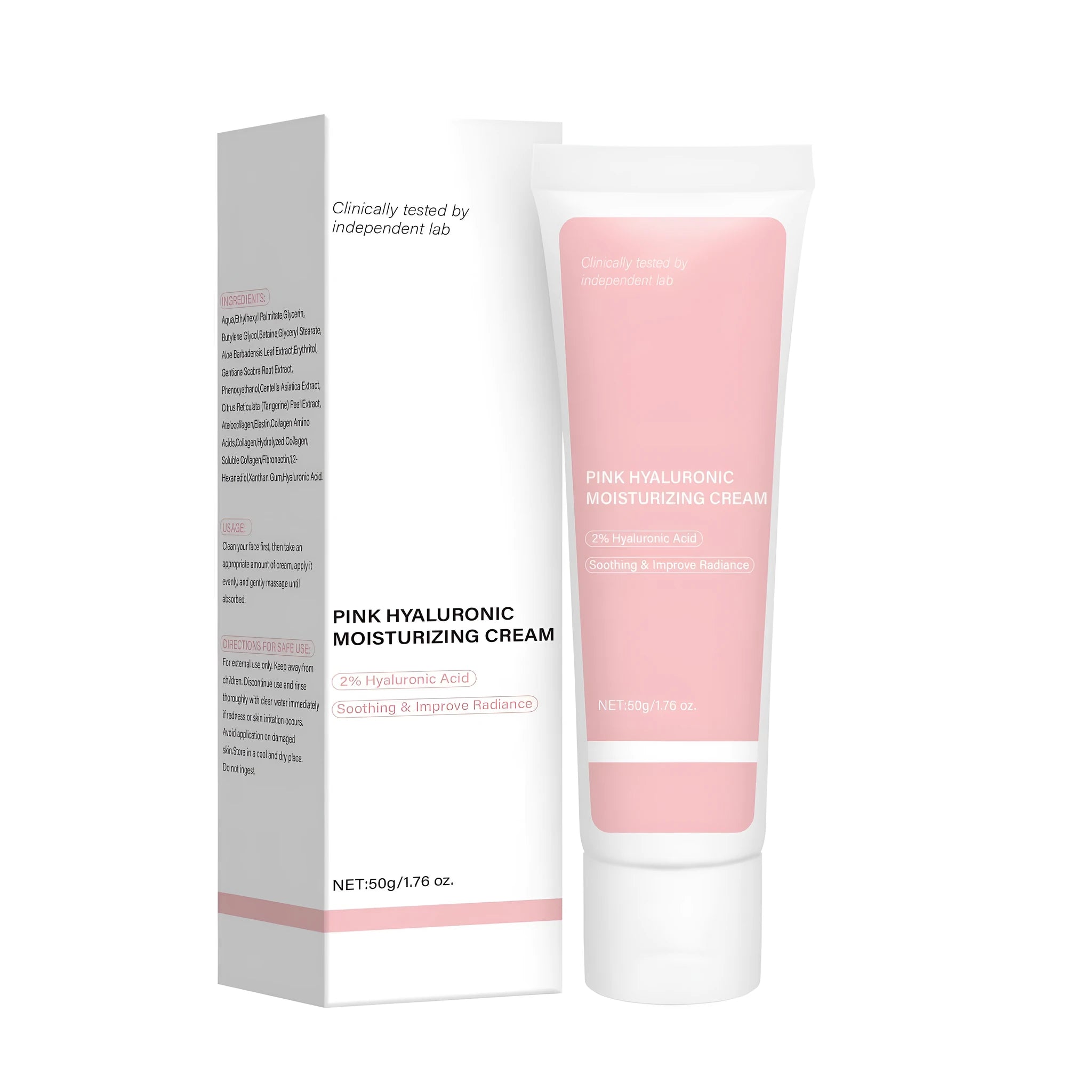 50g glass or plastic jar of Hyaluronic Acid Moisturising Cream with product label.