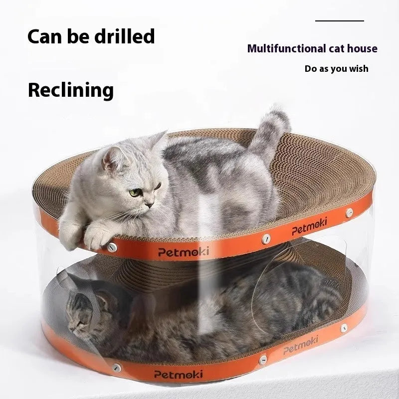 White and transparent Diamond 2-in-1 cat nest tunnel toy with integrated scratch board, dimensions 58x45x23cm.