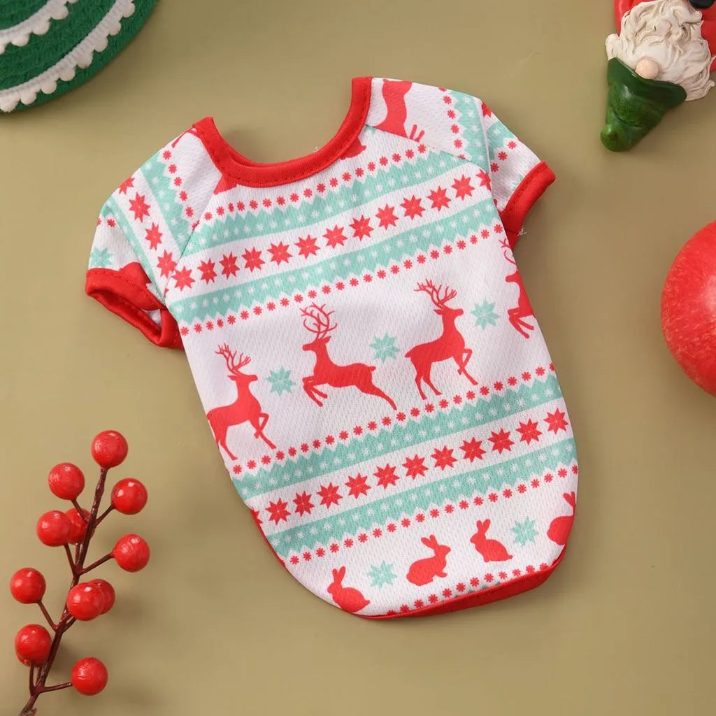 Pet clothing for cats and dogs in white moose design polyester fabric, shown on a white background