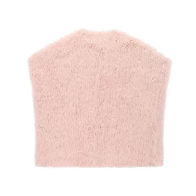 Faux fur effect vest for women in beige, v-neck, regular sleeve, soft texture